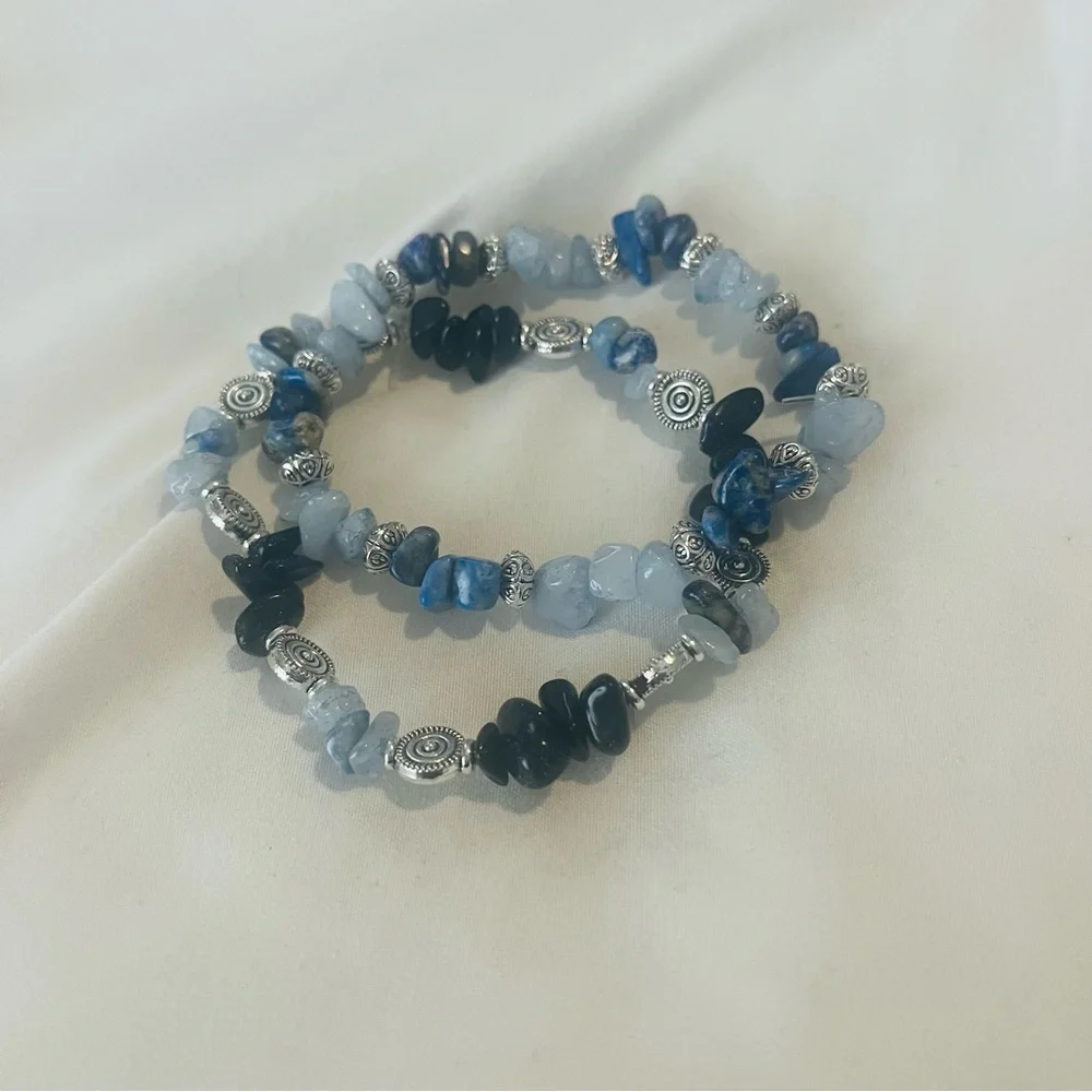 Aquamarine Lapis Lazuli Blue Goldstone Beaded Stretch Bracelets Handmade NWT - Picture 3 of 8